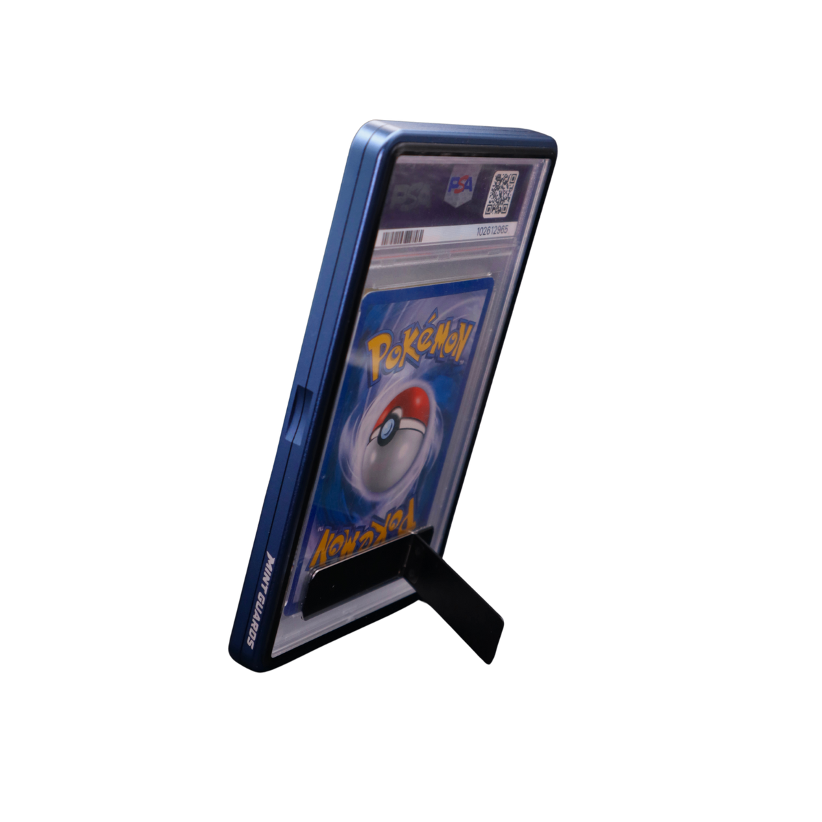 A blue protective standing display case guard for a graded trading pokemon one piece sports cards, with an in-built kick stand 