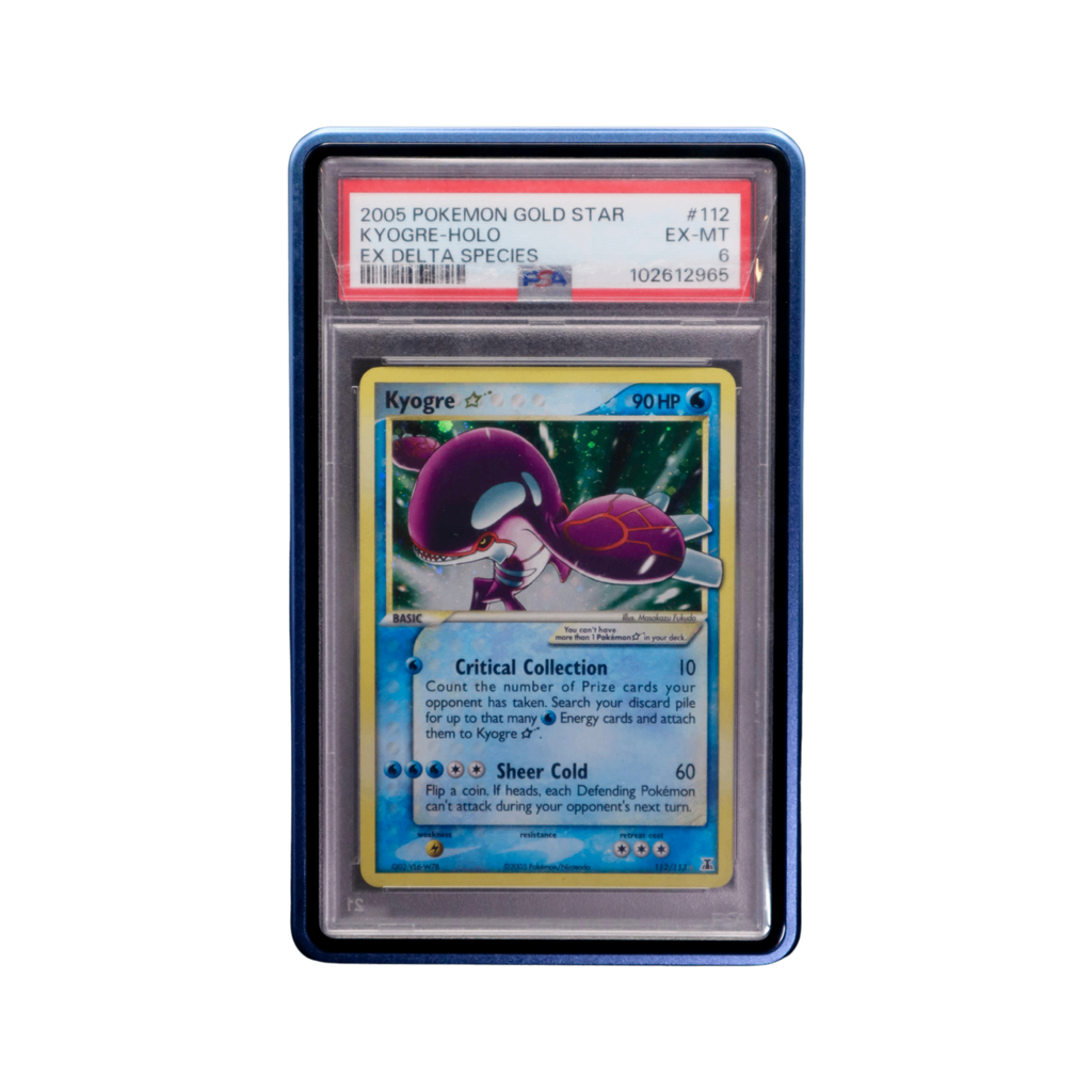 A blue protective standing display graded card guard for a graded trading pokemon onepiece sports cards and slabs, with an in-built kick stand 