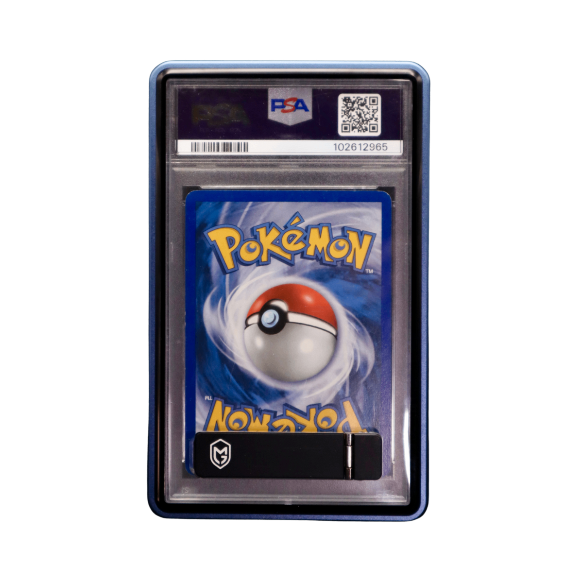 A blue protective standing display graded card guard holding a graded trading pokemon onepiece sports cards and slabs, with an in-built kick stand 