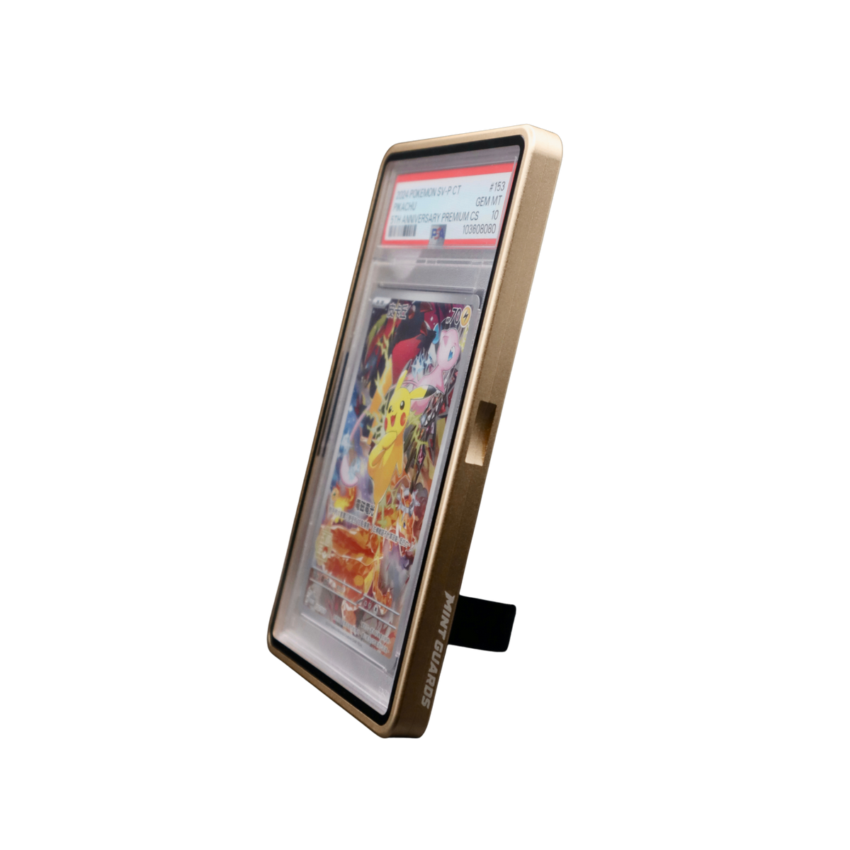 A gold protective standing display graded card guard for a graded trading pokemon onepiece sports cards and slabs, with an in-built kick stand 