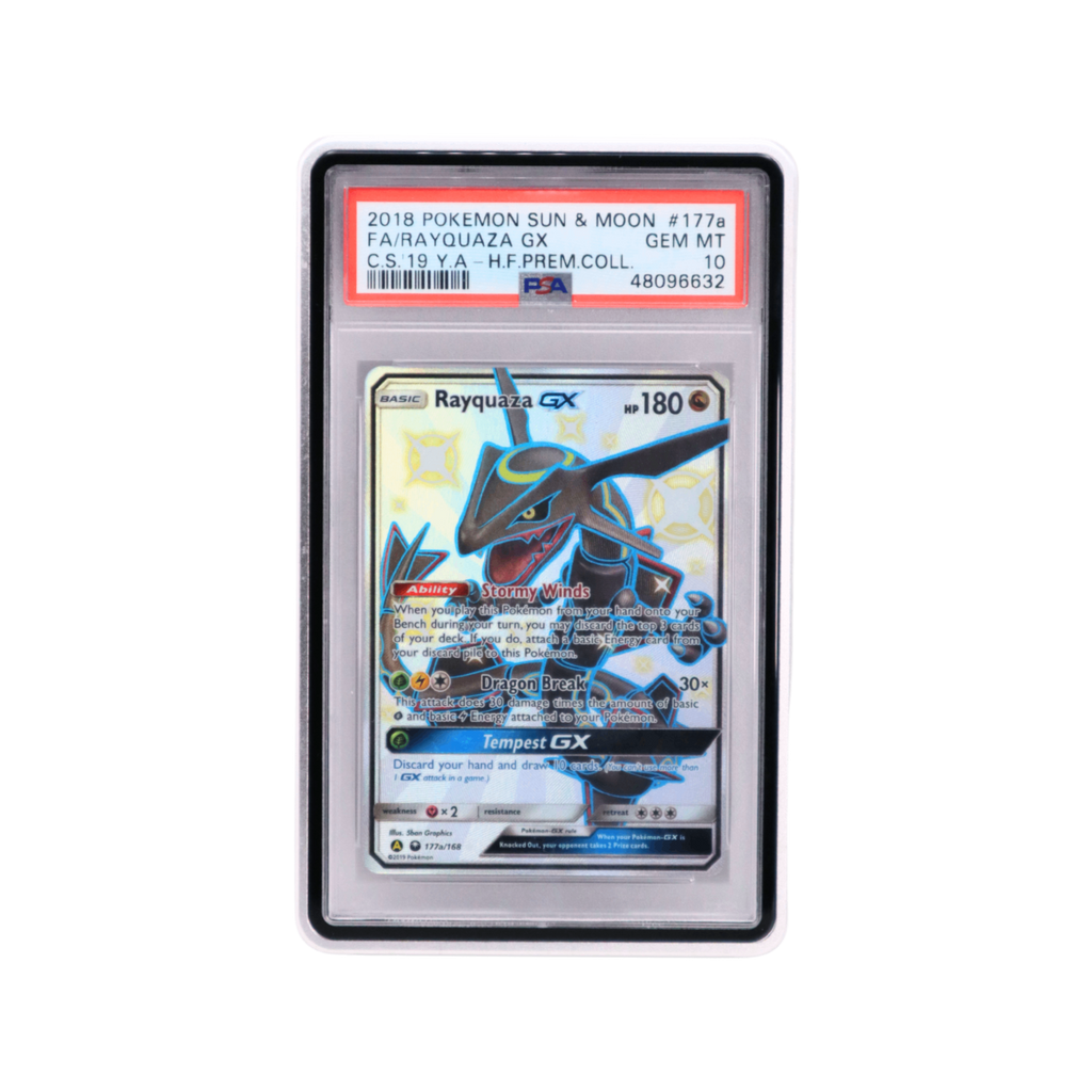 A silver protective standing display graded card guard holding a graded trading pokemon onepiece sports cards and slabs, with an in-built kick stand 