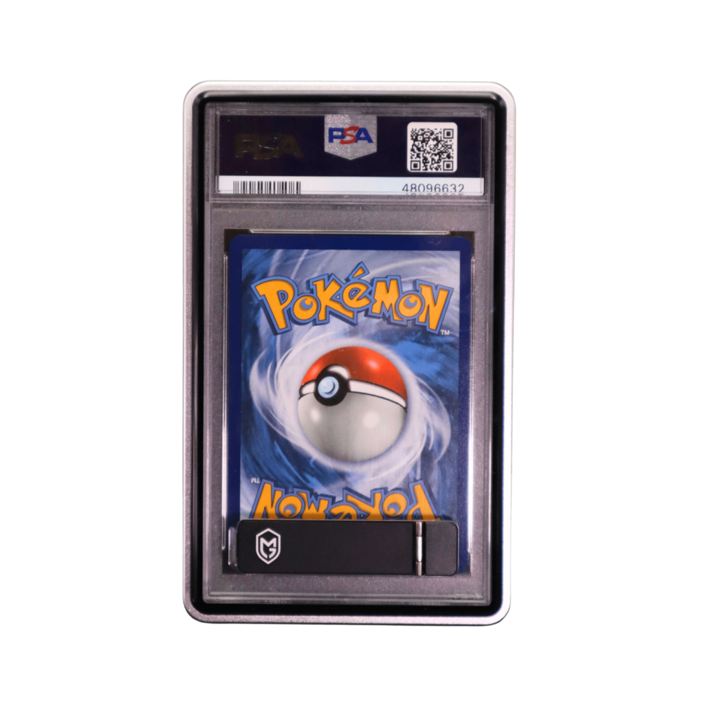 A silver protective standing display graded card guard holding a graded trading pokemon onepiece sports cards and slabs, with an in-built kick stand 