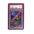 A purple protective standing display graded card guard holding a graded trading pokemon onepiece sports cards and slabs, with an in-built kick stand 