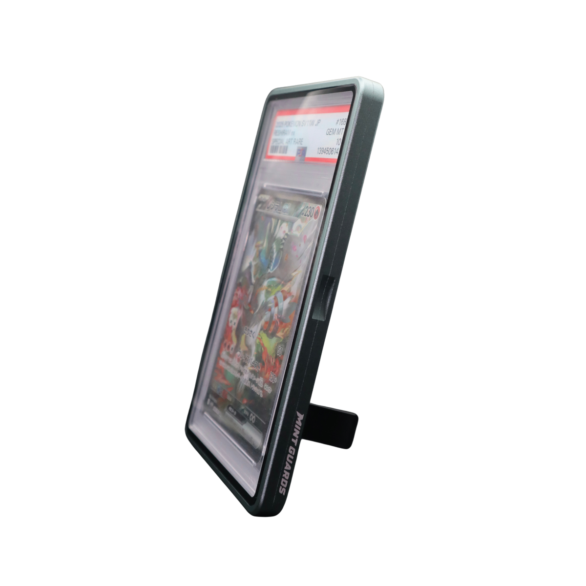 A green protective standing display graded card guard for a graded trading pokemon onepiece sports cards and slabs, with an in-built kick stand 