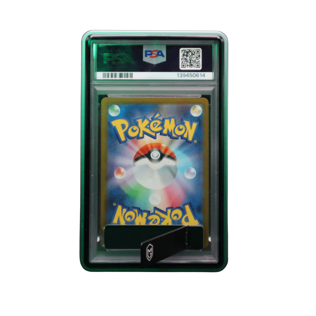 A green protective standing display graded card guard holding a graded trading pokemon onepiece sports cards and slabs, with an in-built kick stand 
