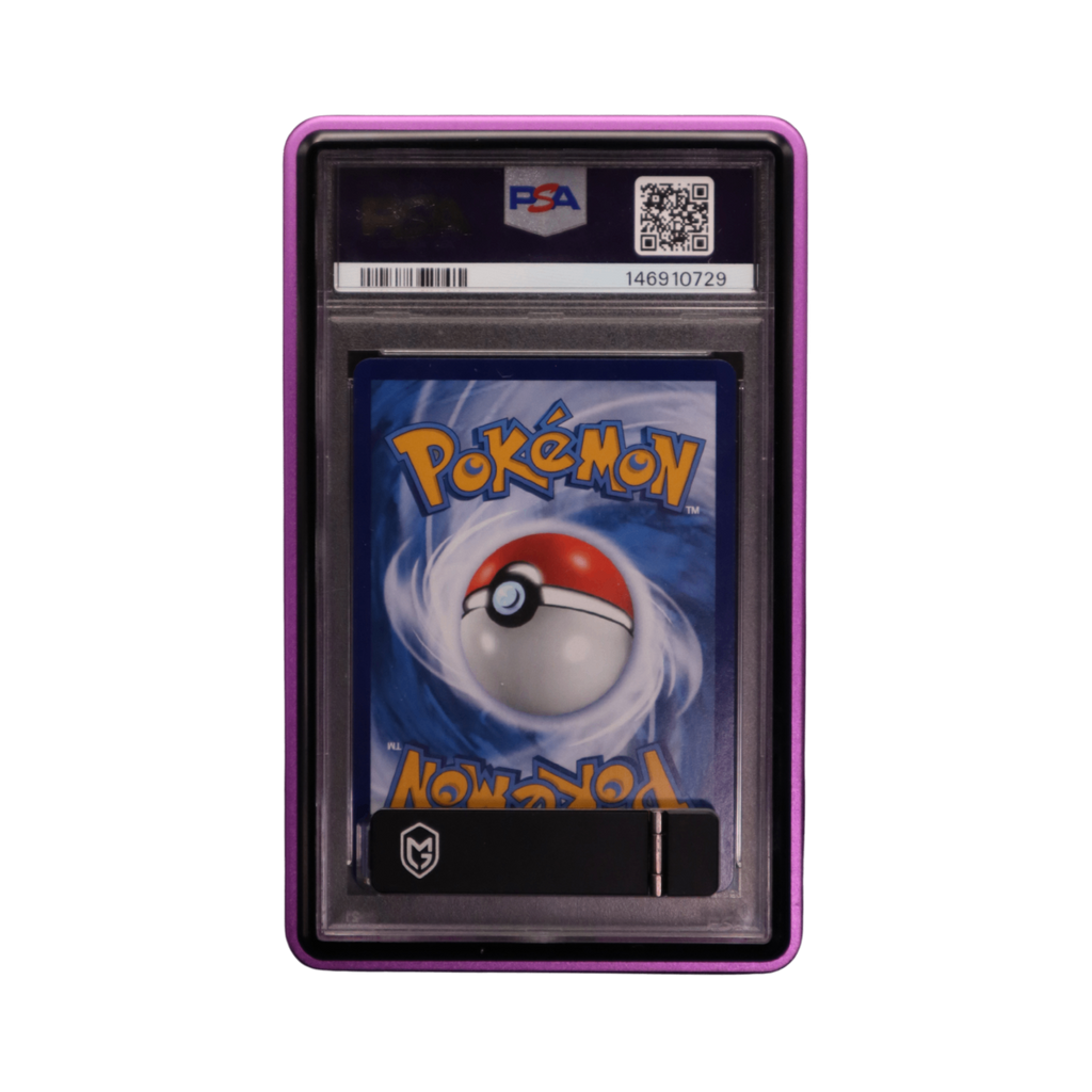 A purple protective standing display graded card guard holding a graded trading pokemon onepiece sports cards and slabs, with an in-built kick stand 